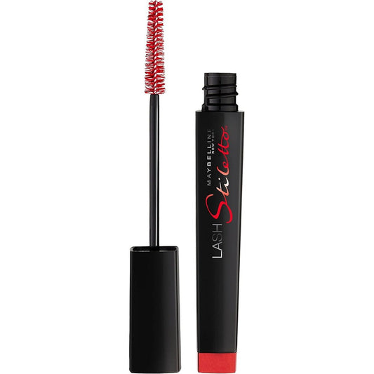 Maybelline Lash Stiletto Ultimate Length Waterproof Mascara front view showcasing the sleek black tube and red cap.