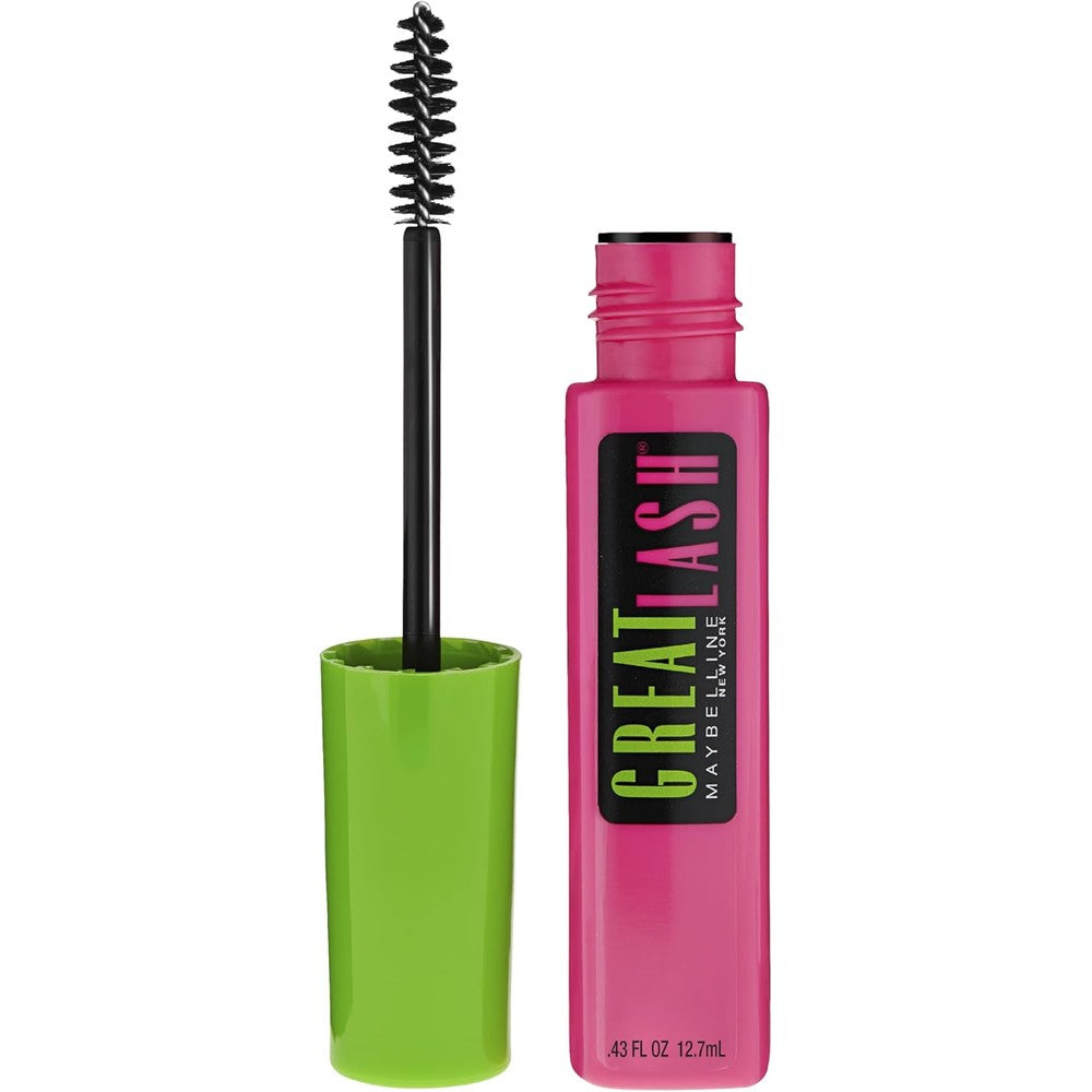 Maybelline Great Lash Washable Mascara front view pink and green tube for volumizing eye makeup.