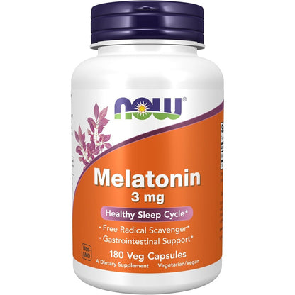 Now Foods Melatonin 3mg 180 Veg Capsules front view bottle for natural sleep cycle support.