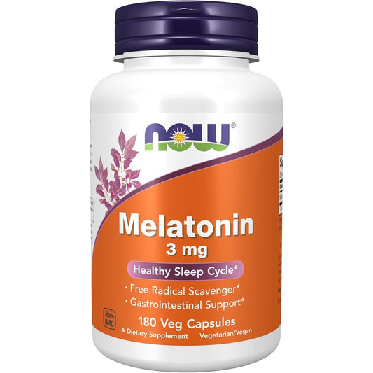 Now Foods Melatonin 3mg 180 Veg Capsules front view bottle for natural sleep cycle support.