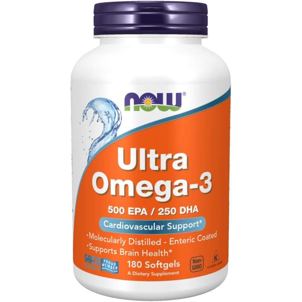 NOW Foods Ultra Omega-3 180 softgels front view of the bottle showing the label for heart and brain support.