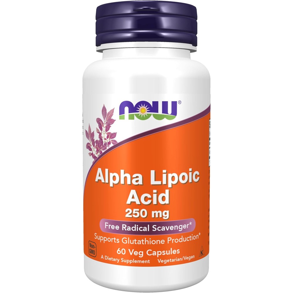 NOW Foods Alpha Lipoic Acid 250 mg front label view showing antioxidant support details
