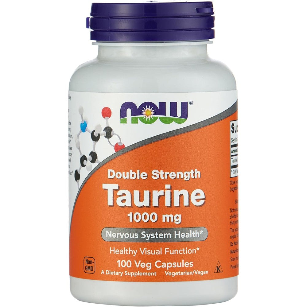 NOW Foods Double Strength Taurine 1000mg 100 Veg Capsules front bottle view for nervous system health.