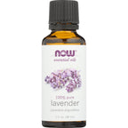 NOW Foods 100% Pure Lavender Essential Oil 1 Ounce bottle front view showing the product label