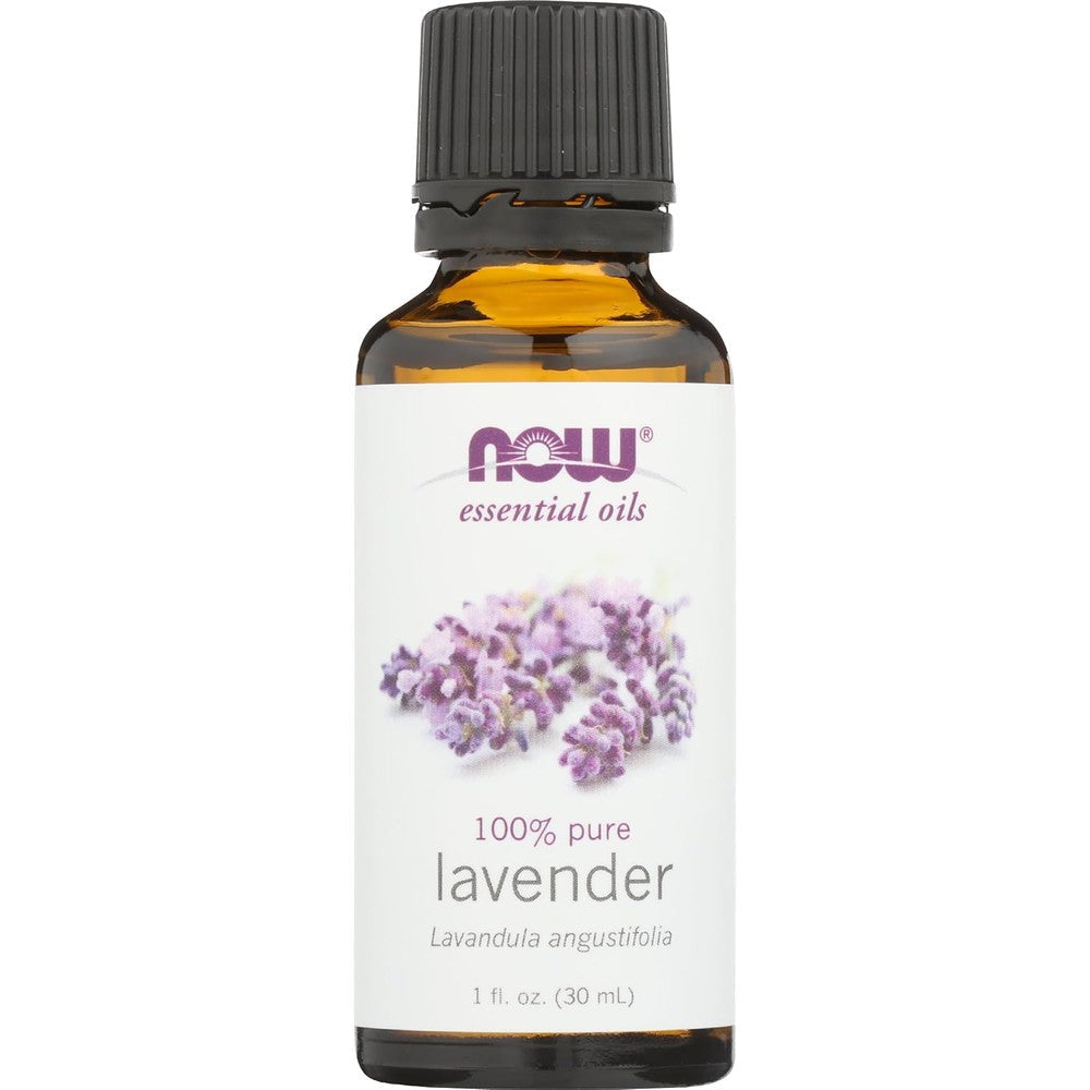 NOW Foods 100% Pure Lavender Essential Oil 1 Ounce bottle front view showing the product label