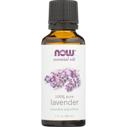 NOW Foods 100% Pure Lavender Essential Oil 1 Ounce bottle front view showing the product label