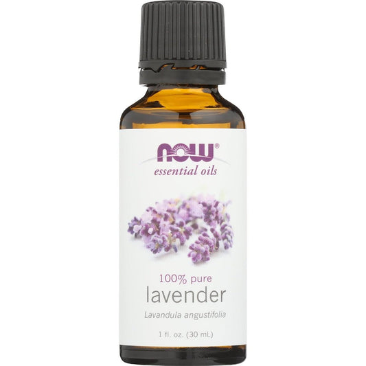 NOW Foods 100% Pure Lavender Essential Oil 1 Ounce bottle front view showing the product label