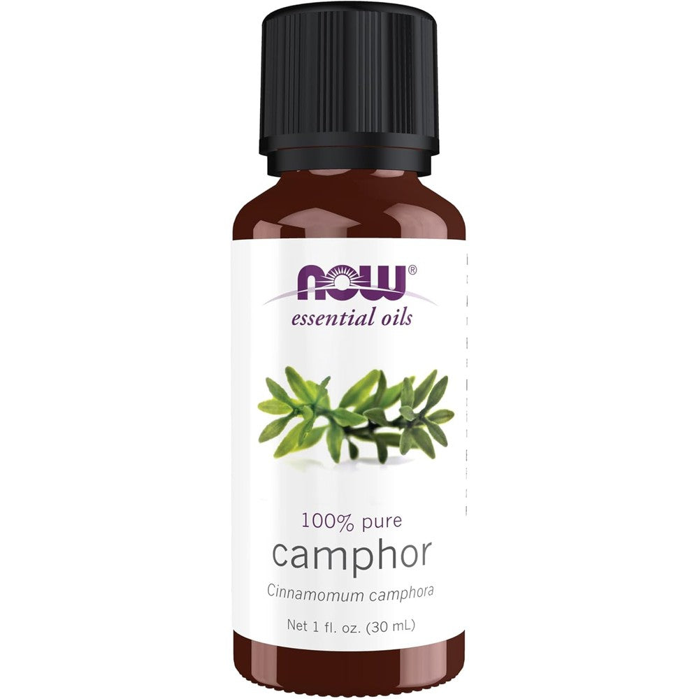 NOW Foods Camphor Essential Oil 1 Fluid Ounce front view bottle for pure aromatherapy
