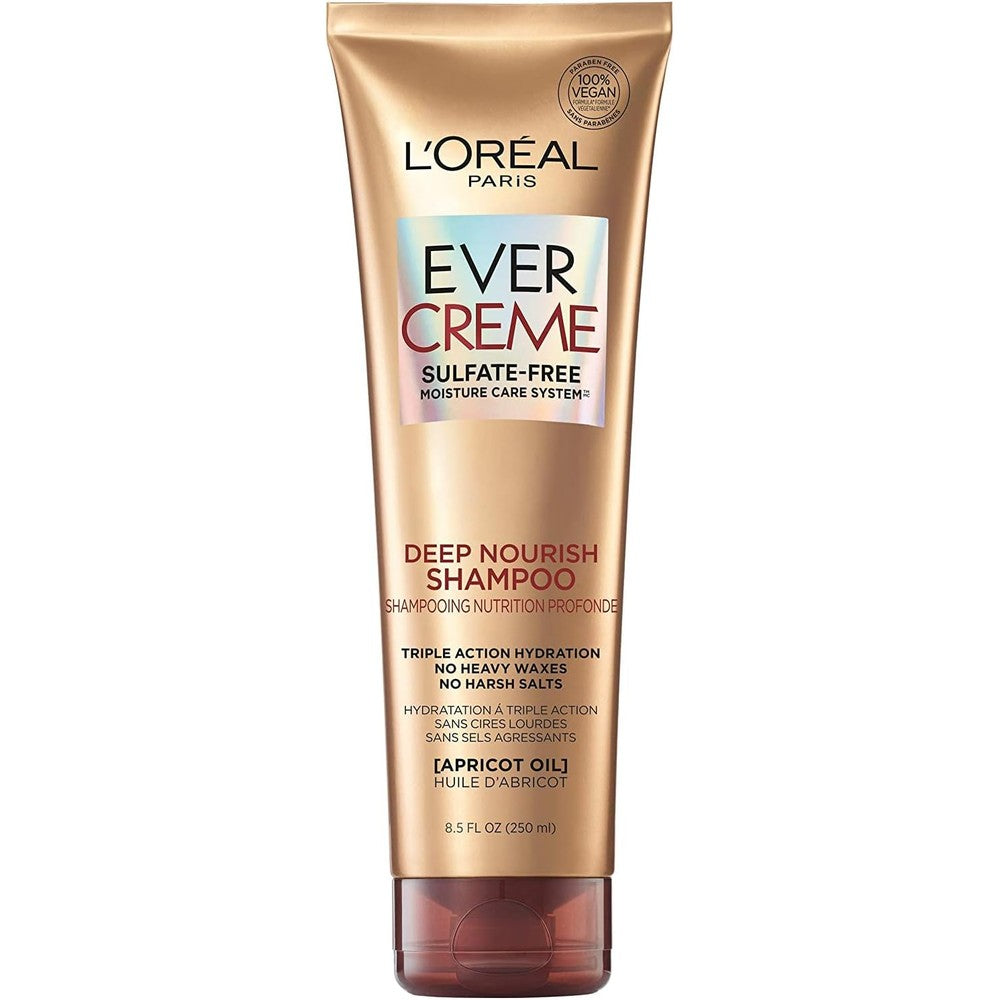 L'Oreal Paris EverCreme Sulfate Free Deep Nourish Shampoo front view of twin pack bottles for dry hair care.
