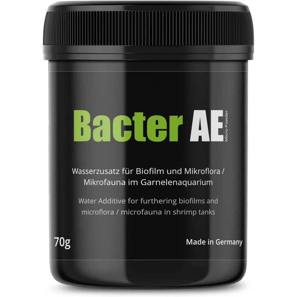 GlasGarten Bacter AE 70 grams container front view showing premium packaging for shrimp aquarium additive.
