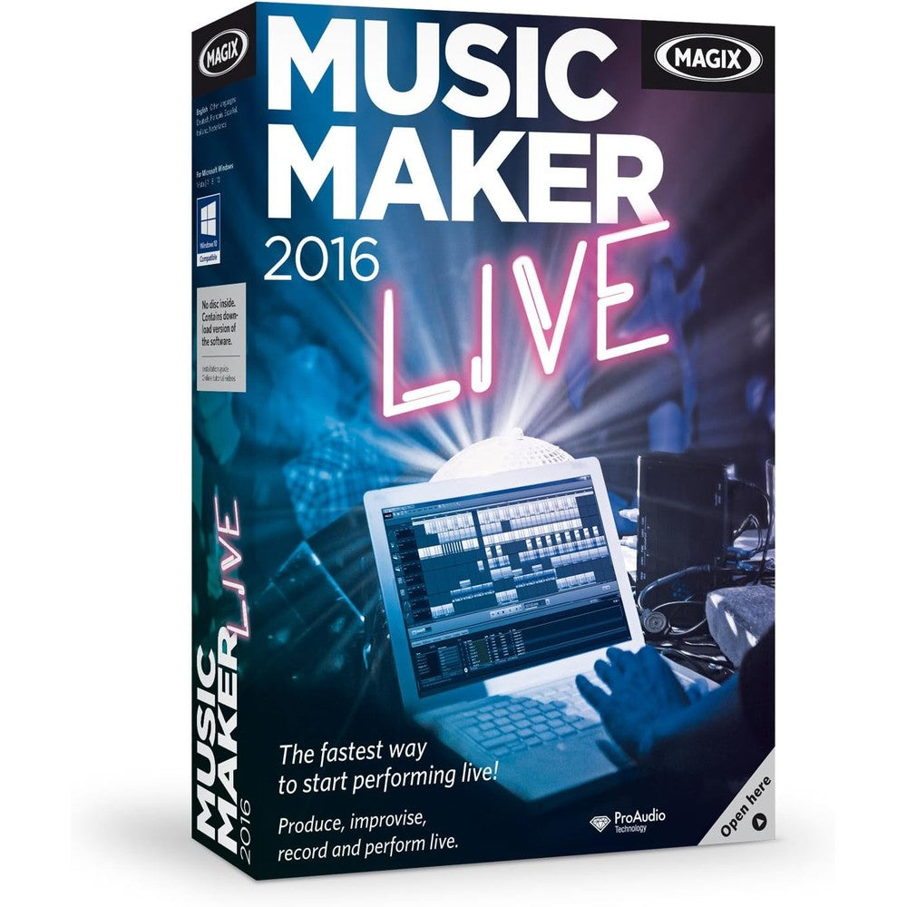 MAGIX Music Maker 2016 Live software box front view showing digital audio workstation features.