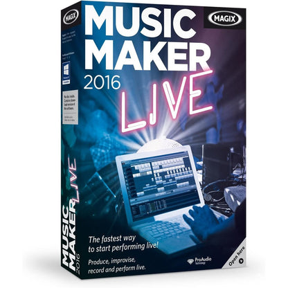 MAGIX Music Maker 2016 Live software box front view showing digital audio workstation features.