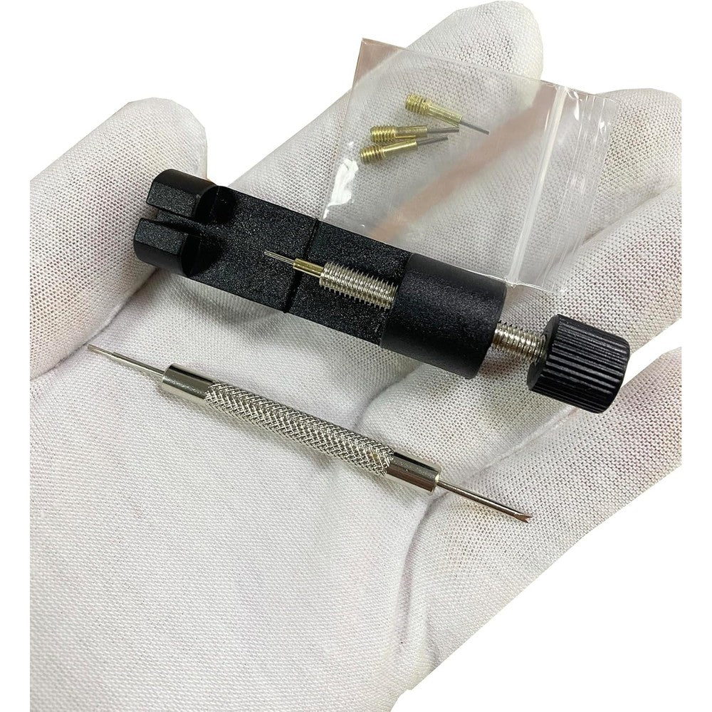 OTOPO metal watch band link removal kit front view showing the silver stainless steel repair tool setup.
