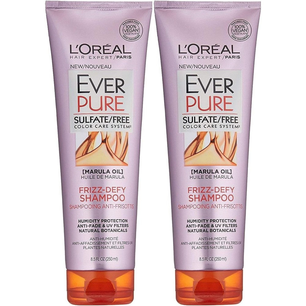 L'Oreal Paris EverPure Sulfate Free Frizz Defy Shampoo front view of twin pack bottles for humidity control.