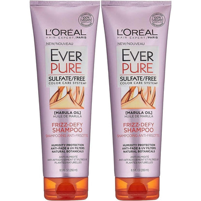 L'Oreal Paris EverPure Sulfate Free Frizz Defy Shampoo front view of twin pack bottles for humidity control.