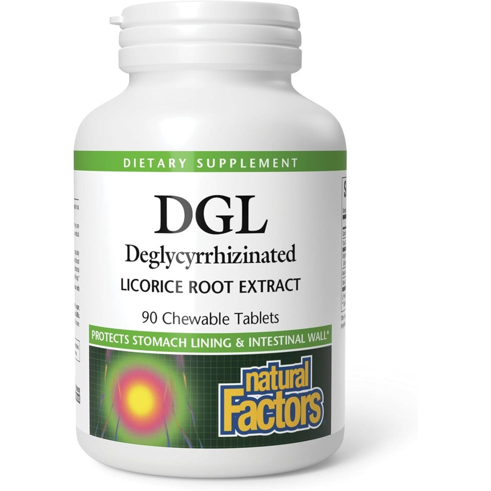 Natural Factors DGL Chewable 400mg 90 tablets front bottle view for natural digestive support.