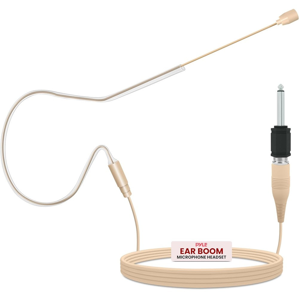 Pyle Pro PMEM1 over ear boom microphone headset front view showcasing the sleek beige design.