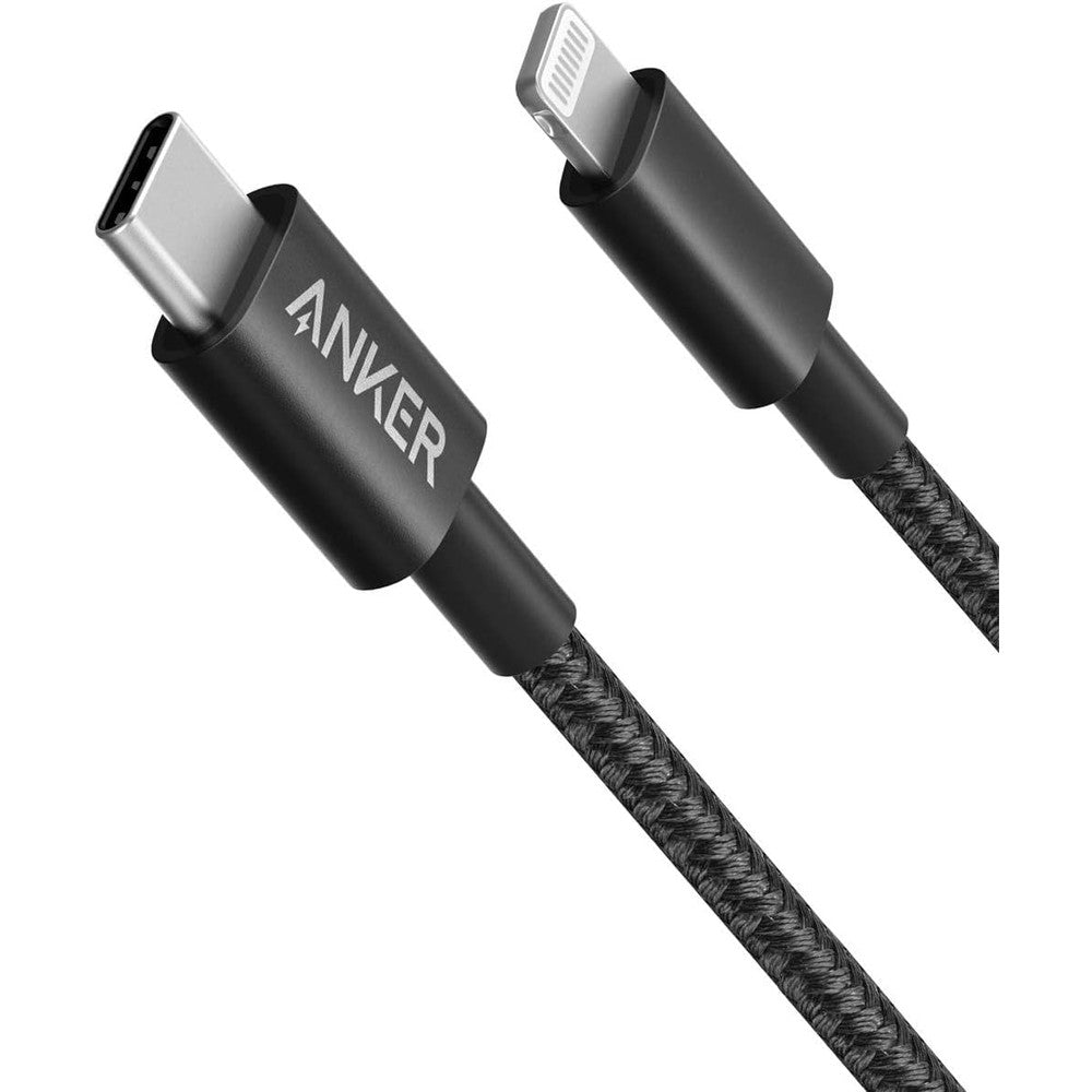 Anker nylon USB C to Lightning cable front view showcasing the premium black braided texture.