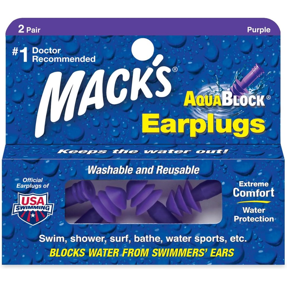 Mack's AquaBlock swimming earplugs front packaging view showing two pairs of purple silicone plugs.