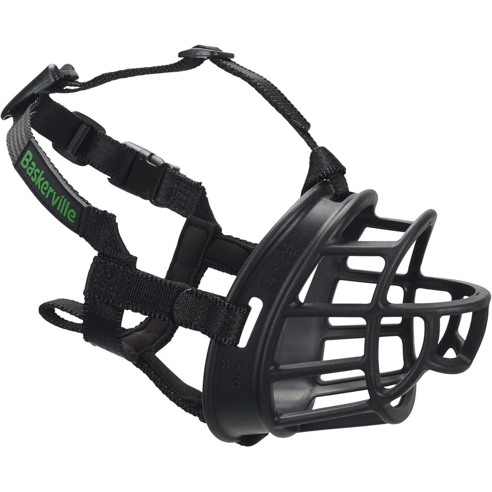 Baskerville Ultra Dog Muzzle front view showing the black humane basket design on a medium dog.