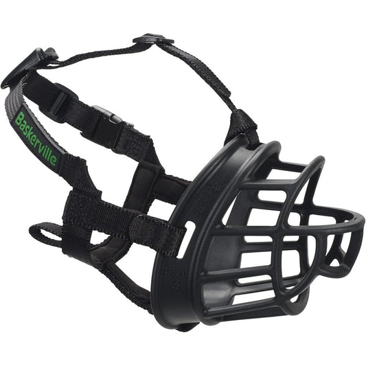 Baskerville Ultra Dog Muzzle front view showing the black humane basket design on a medium dog.