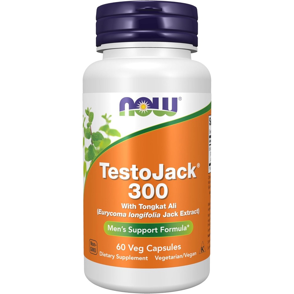 Now Foods TestoJack 300 Extra Strength 60 vegetarian capsules front view bottle showing premium men's support formula