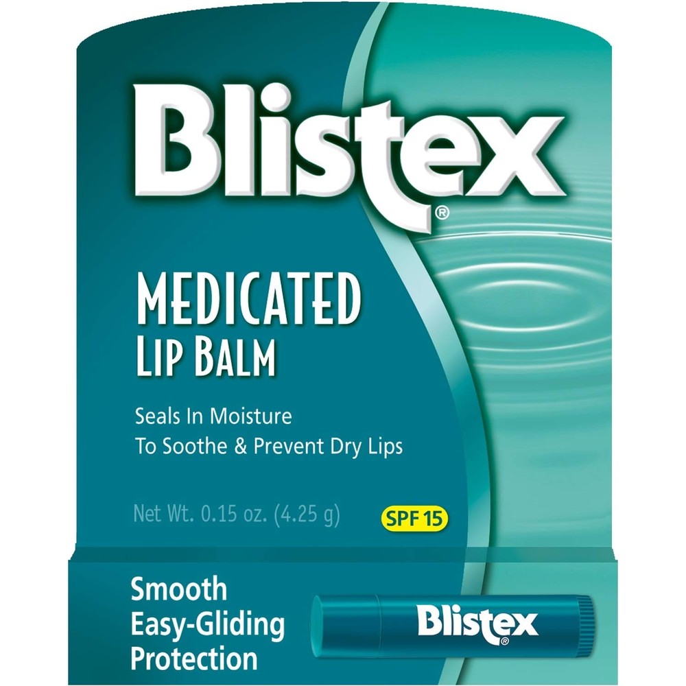Blistex Medicated Lip Balm front view showcasing the classic blue packaging and SPF 15 protection.