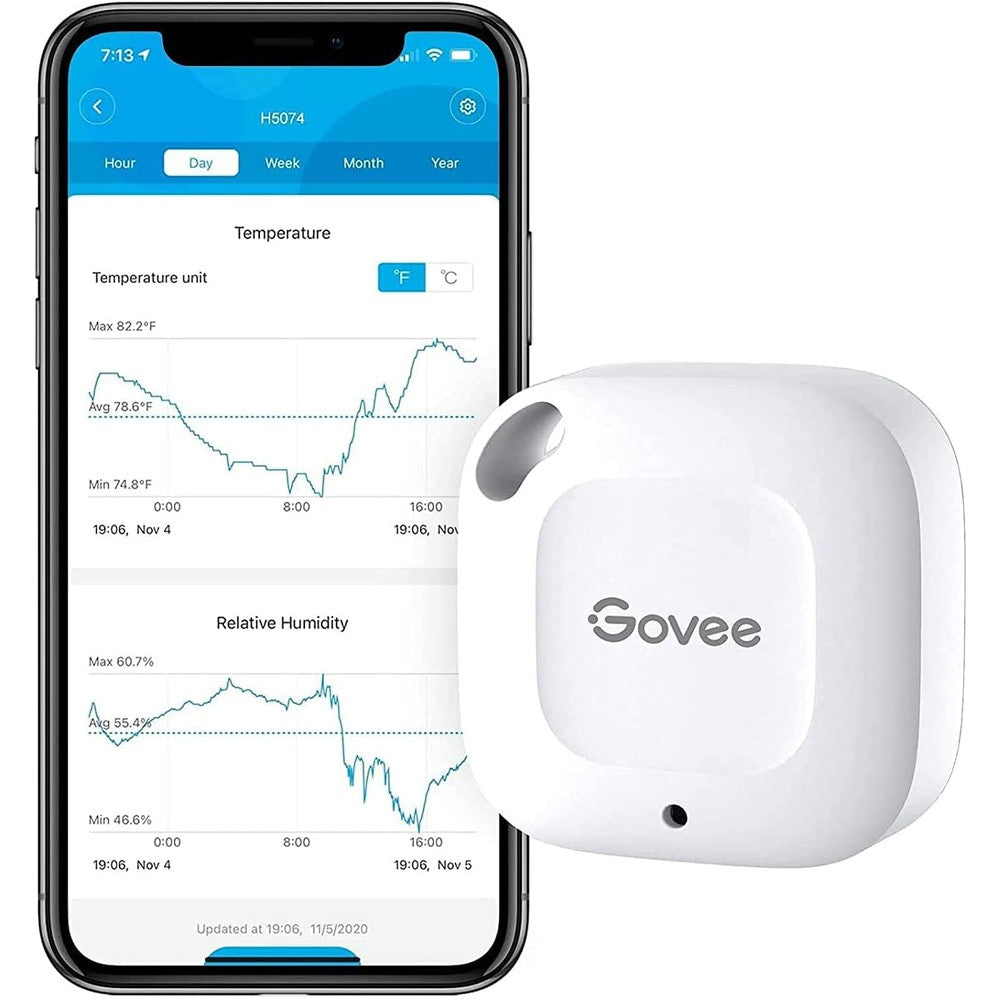 Govee Bluetooth Thermometer Hygrometer front view showing compact white digital sensor design.