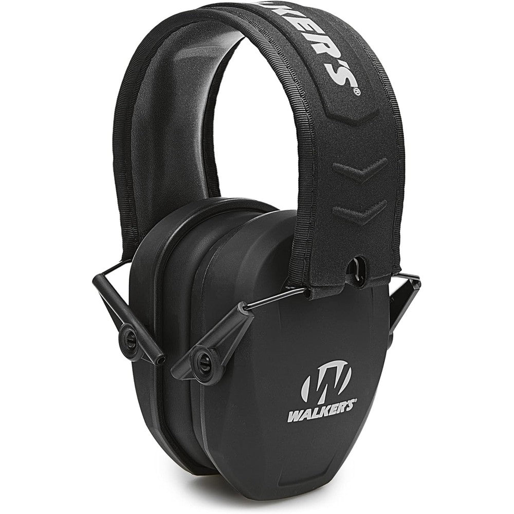 Walker's Razor Slim Passive Earmuffs front view showing the sleek black ear cups and padded comfort headband.
