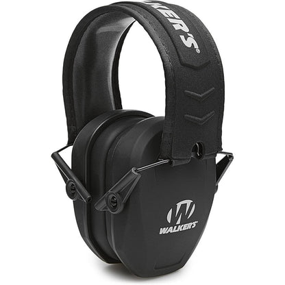 Walker's Razor Slim Passive Earmuffs front view showing the sleek black ear cups and padded comfort headband.