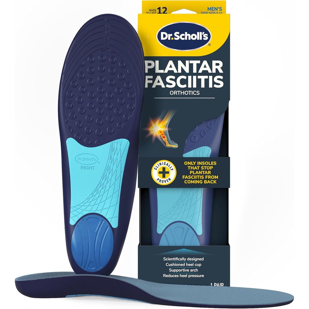 Dr. Scholl's Men's Pain Relief Orthotics packaging showing the front view of blue plantar fasciitis insoles.