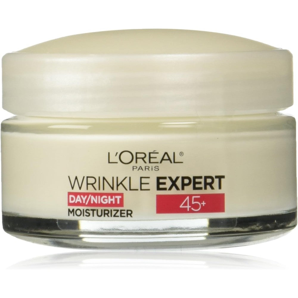 L'Oreal Paris Wrinkle Expert 45 Plus Anti Aging Face Moisturizer front view of the packaging jar.