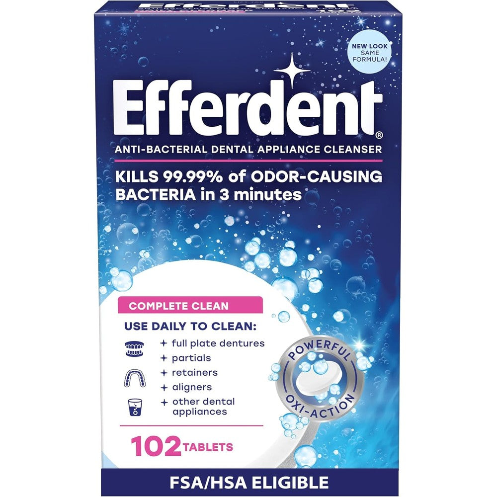 Efferdent original anti bacterial denture cleanser tablets 102 count front packaging