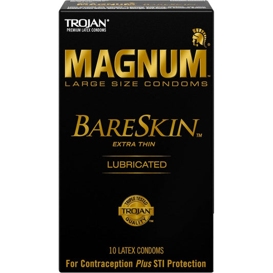 TROJAN Magnum Bareskin 10 Count box front view showcasing authentic premium imported packaging.