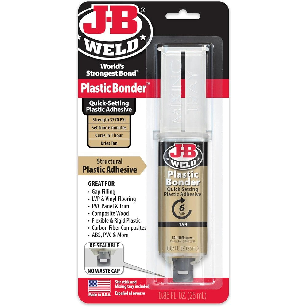 J-B Weld 50133 Plastic Bonder structural adhesive syringe front view for high strength plastic repair.