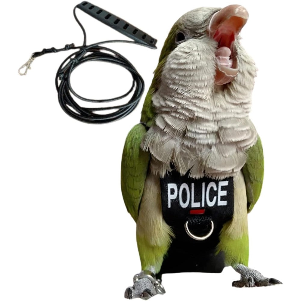 Barn Eleven bird diaper harness and flight suit front view on a parrot