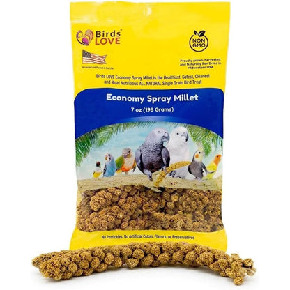 Birds Love Economy Spray Millet For Birds, 7 Ounce, GMO-Free Natural Millet Spray Treat With Stem-Reduced Edible Tops, Grown In USA