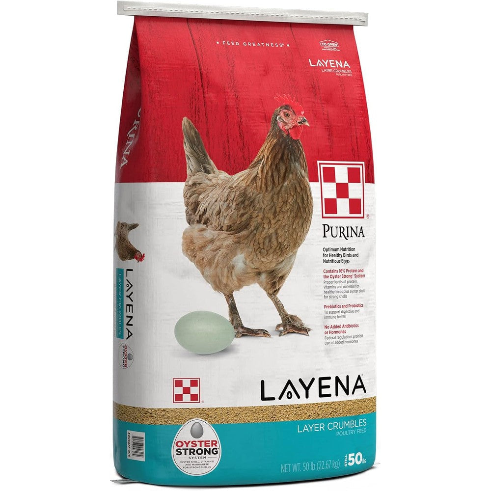 Purina Layena Crumbles chicken feed 50 lbs bag front view