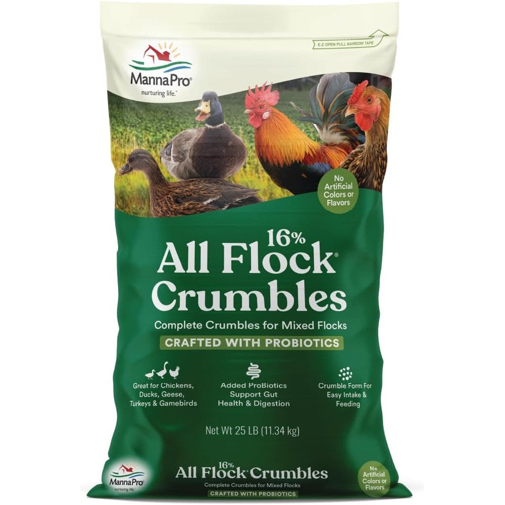 Manna Pro All Flock Crumbles 16 Percent Protein Complete Poultry Feed With Probiotics For Chickens Ducks Turkeys And Game Birds 25 Pound Bag