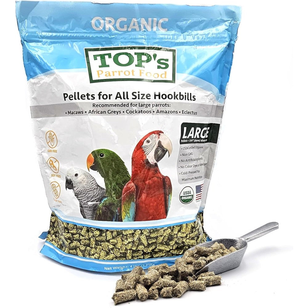 TOP's Parrot Food Organic Pellets 4 Pound bag front view.