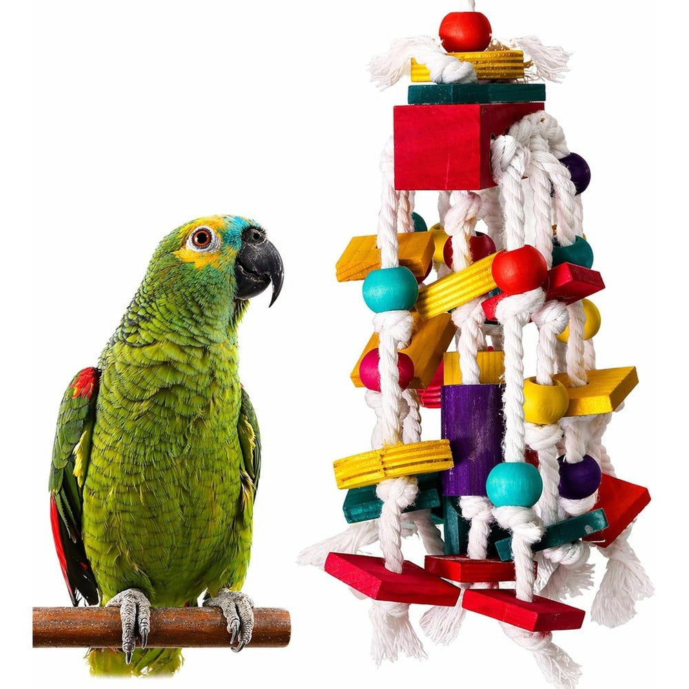 Rypet Bird Chewing Toy front view with hanging wooden blocks.