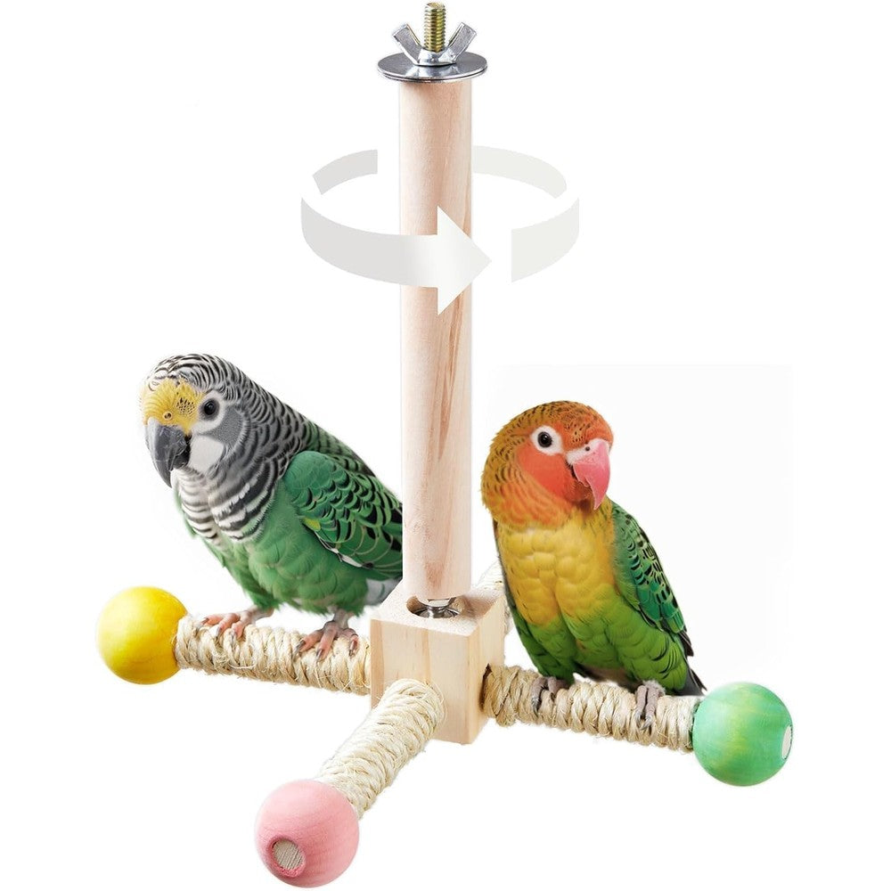 Jevnd interactive spinning bird perch toy front view with wooden branches.