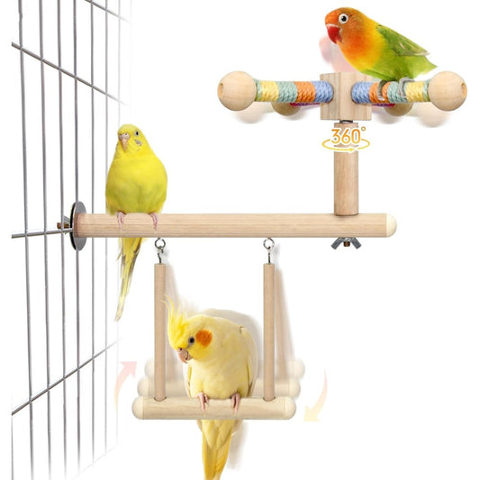 Jevnd Wooden Bird Perch And Swing Toy Combo With Three Hundred And Sixty Degree Spin Function For Cockatiels And Parakeets