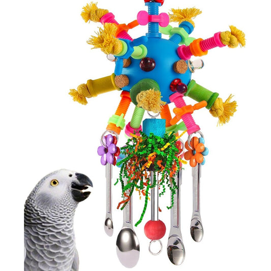 YIXUND Parrot Bird Toy Hanging Pullable Stainless Steel Spoons With Colorful Acrylic Sticks Foraging Holey Ball For Medium Parrots Blue Variant