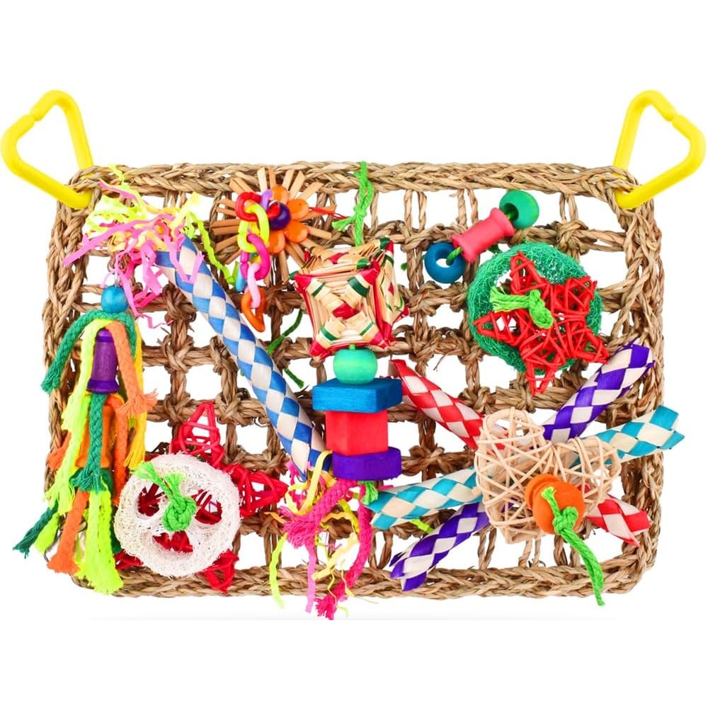 Katumo Bird Foraging Wall Toy with seagrass mat and colorful chew accessories.