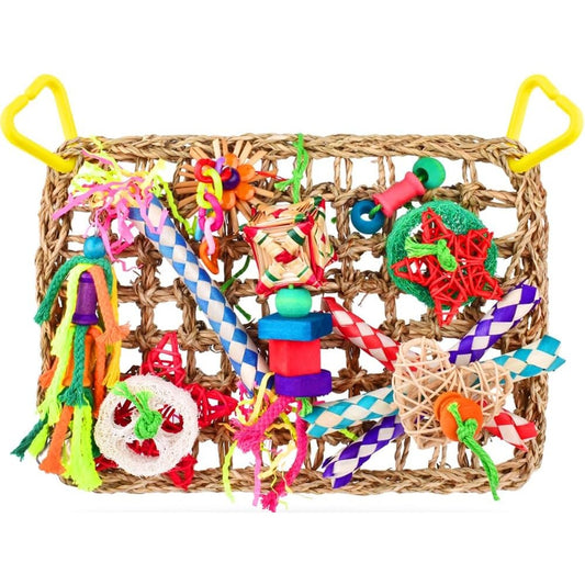KATUMO Bird Foraging Wall Toy Edible Seagrass Woven Climbing Hammock Mat With Colorful Chewing Toys For Parakeets And Cockatiels 1 Count