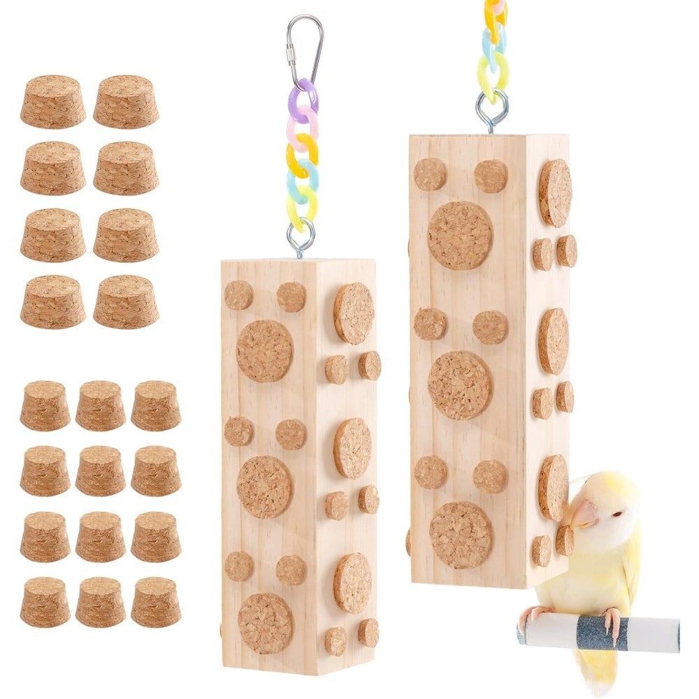 Jons Nty hanging bird chew toys front view showing wooden pillar and corks