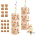 Jons Nty hanging bird chew toys front view showing wooden pillar and corks