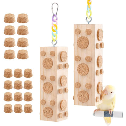 JONS NTY Hanging Bird Chew Toys Natural Wood Parrot Foraging Toy With Ninety Two Replaceable Corks For Parakeets And Cockatiels Two Pieces