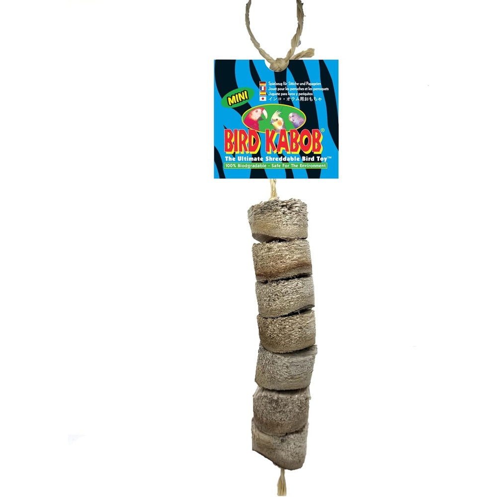 Bird Kabob mini shreddable bird toy front view showing natural wood slices and hanging loop